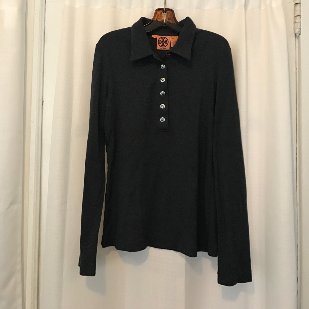 Tory Burch Long Sleeve Polo in Charcoal Grey